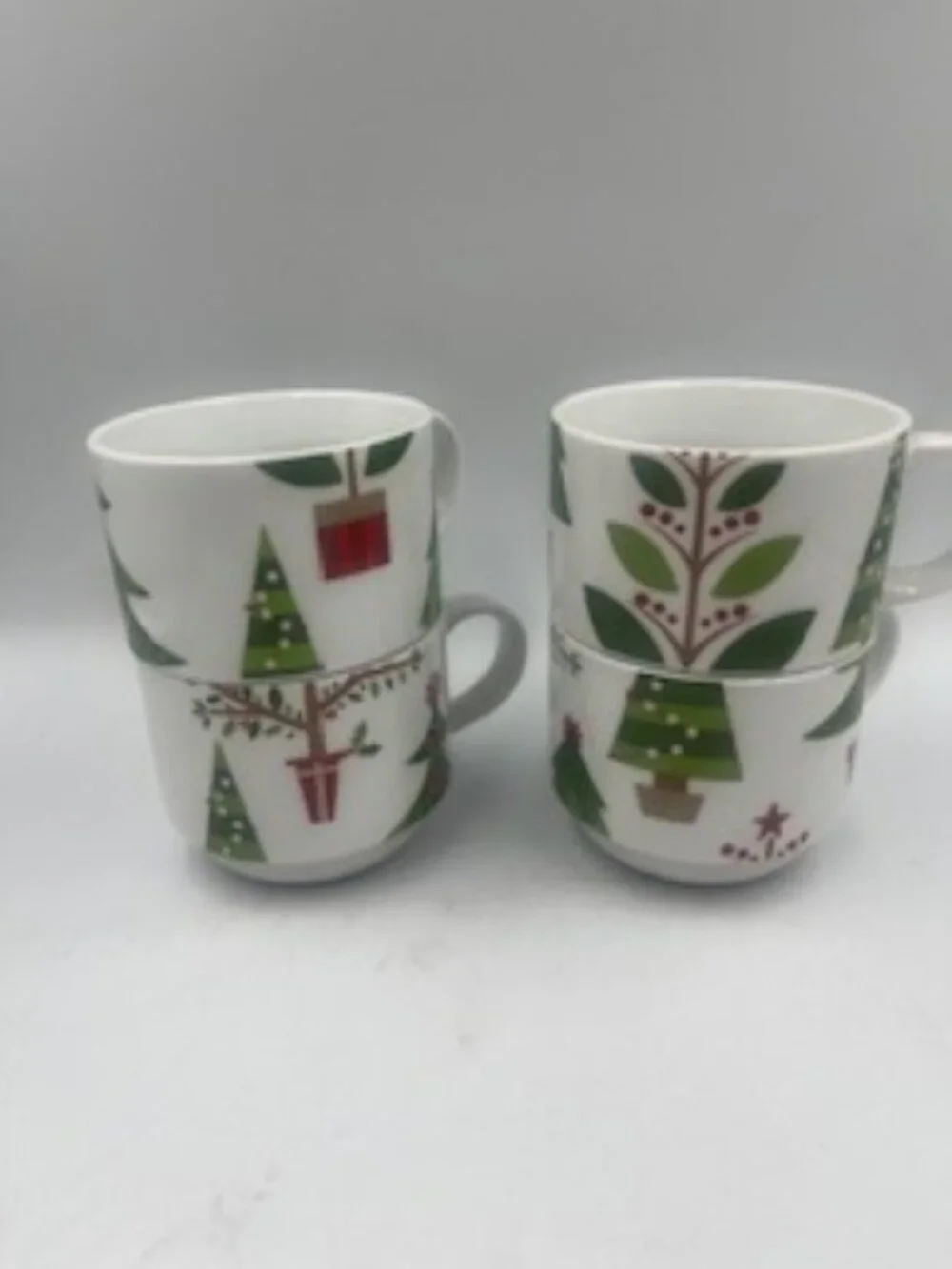 Vintage Pier 1 Christmas Tree Stacking Mugs with metal rack 1990’s era NWT